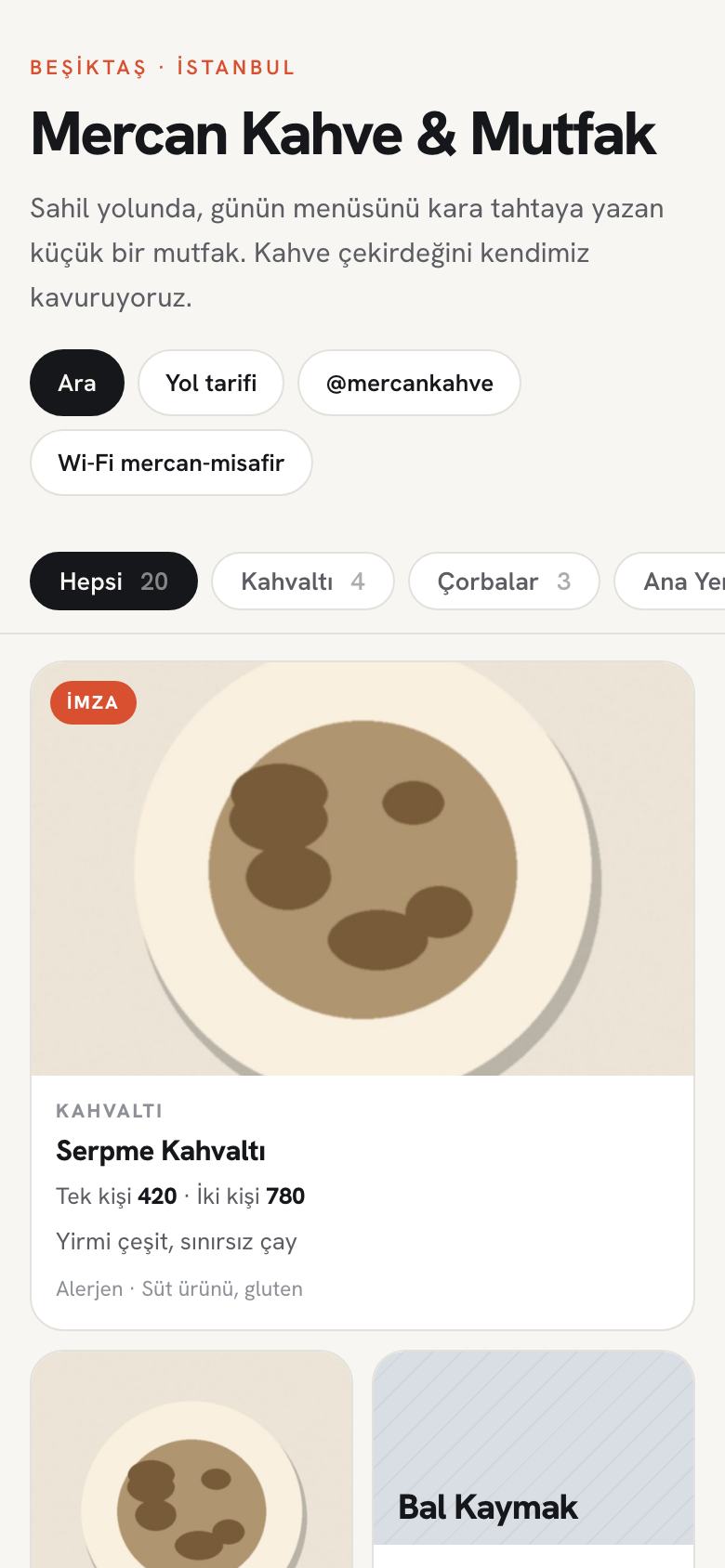 Mozaik teması: kafe ve mutfaklar için süzülebilen QR menü